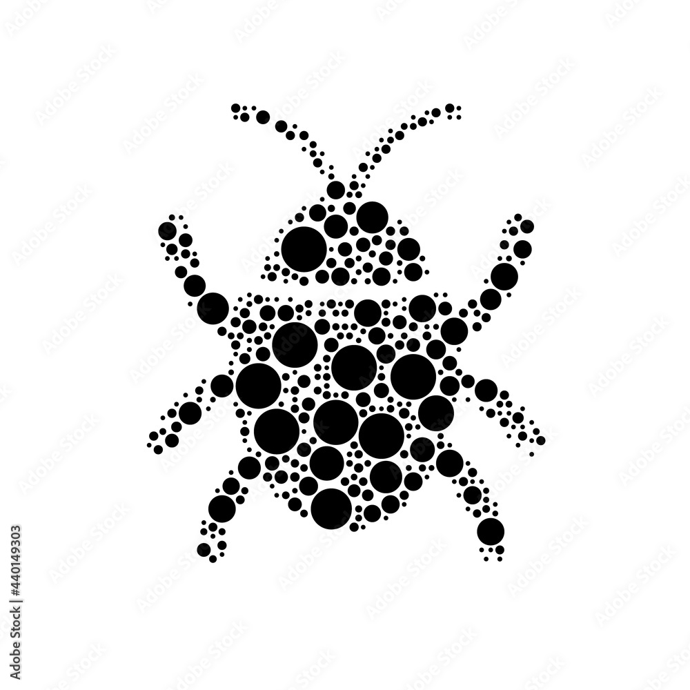 A large bug symbol in the center made in pointillism style. The center symbol is filled with black circles of various sizes. Vector illustration on white background A large bug symbol in the center made in pointillism style. The center symbol is filled with black circles of various sizes. Vector illustration on white background
