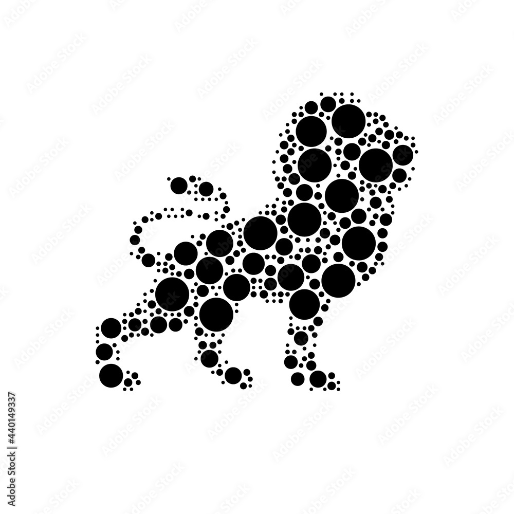 A large lion symbol in the center made in pointillism style. The center symbol is filled with black circles of various sizes. Vector illustration on white background
