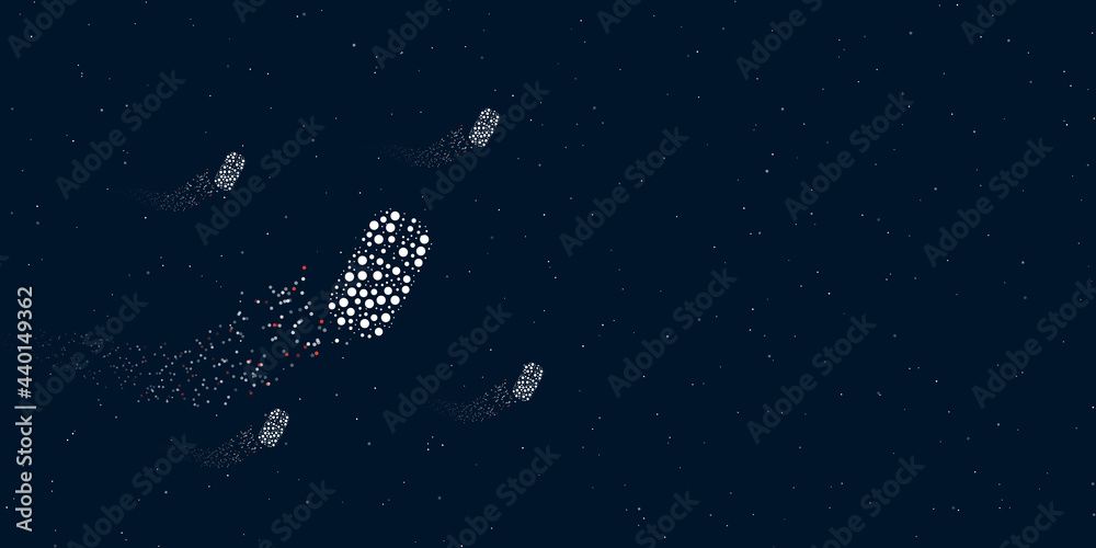 A computer mouse symbol filled with dots flies through the stars leaving a trail behind. There are four small symbols around. Vector illustration on dark blue background with stars A computer mouse symbol filled with dots flies through the stars leaving a trail behind. There are four small symbols around. Vector illustration on dark blue background with stars