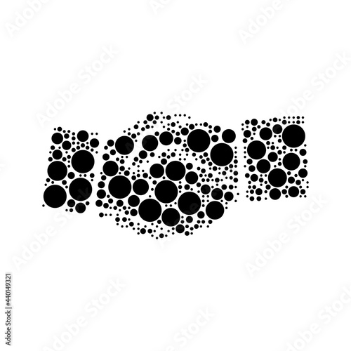 A large handshake symbol in the center made in pointillism style. The center symbol is filled with black circles of various sizes. Vector illustration on white background