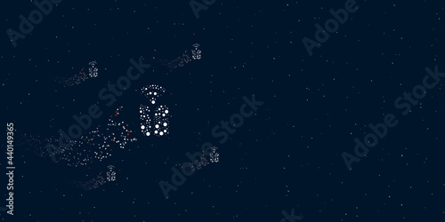Fototapeta Naklejka Na Ścianę i Meble -  A 5G symbol filled with dots flies through the stars leaving a trail behind. Four small symbols around. Empty space for text on the right. Vector illustration on dark blue background with stars