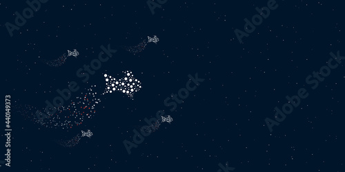 A gold fish symbol filled with dots flies through the stars leaving a trail behind. Four small symbols around. Empty space for text on the right. Vector illustration on dark blue background with stars