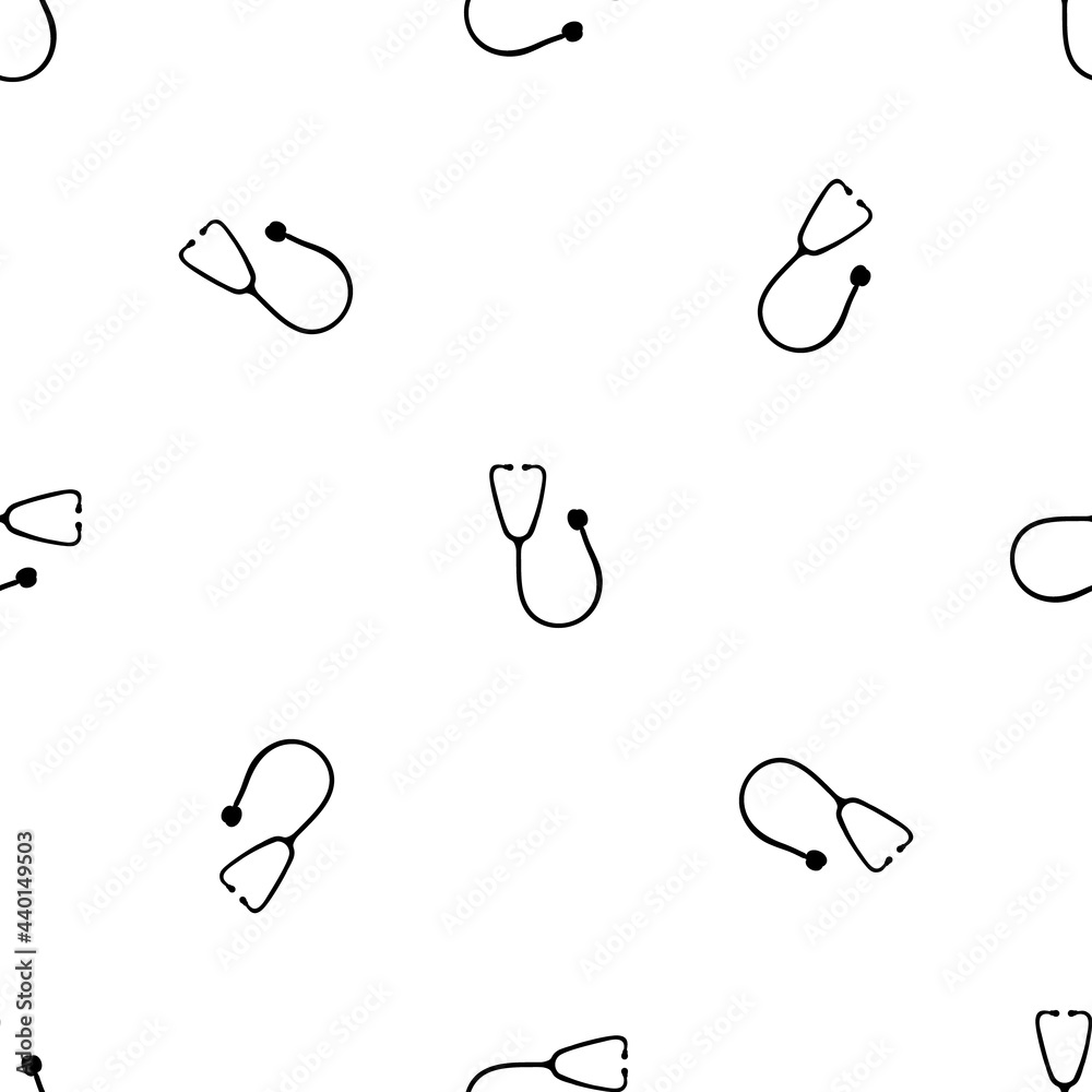 Seamless pattern of repeated black stethoscope symbols. Elements are evenly spaced and some are rotated. Vector illustration on white background Seamless pattern of repeated black stethoscope symbols. Elements are evenly spaced and some are rotated. Vector illustration on white background
