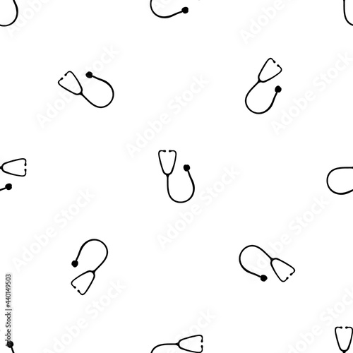 Seamless pattern of repeated black stethoscope symbols. Elements are evenly spaced and some are rotated. Vector illustration on white background