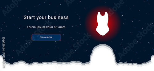 Business startup concept Landing page screen. The white one-piece swimsuit symbol on the right. Vector illustration on dark blue background with stars and curly clouds from below