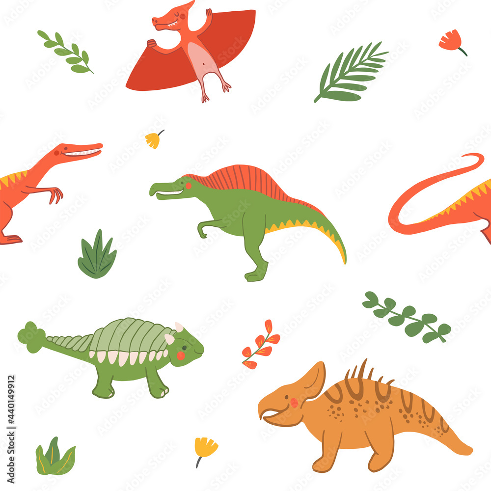 Cartoon dinosaurs seamless pattern. Flat, jurassic, wild animal in doodle style. Hand drawn childish Vector illustration on white background. Perfect for background, wrap paper, wall paper, fabric