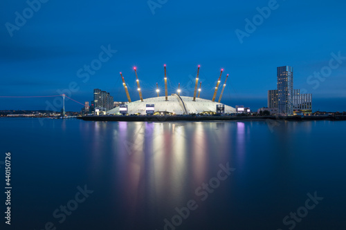 UK, England, London, Long exposure of River Thames and O2 Arena at dusk