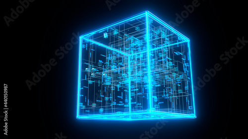 Three dimensional render of blue glowing blockchain cube