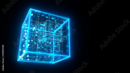 Three dimensional render of blue glowing blockchain cube photo