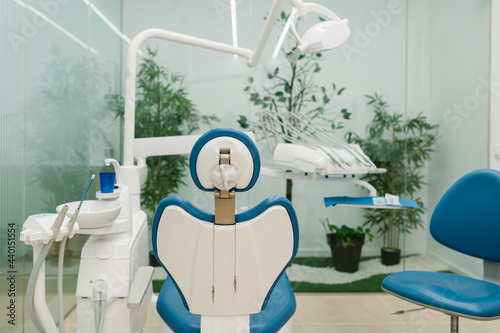Dentist's chair with equipment in clinic