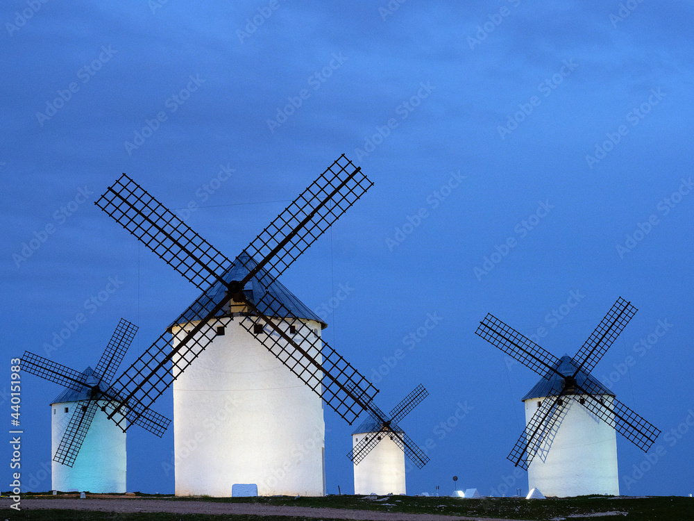 Spain, Province of Toledo, Campo de Criptana, Historical windmills at dusk Spain, Province of Toledo, Campo de Criptana, Historical windmills at dusk