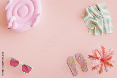 Three dimensional render of swimming float, sunglasses, flip-flops, palm tree and towel flat laid against pink background photo