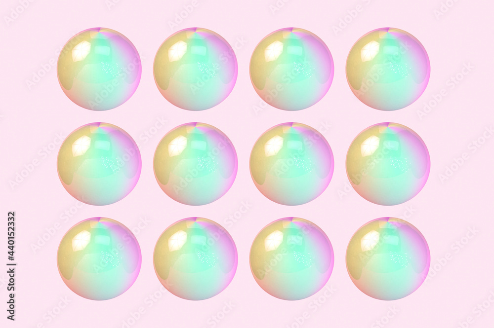 Three dimensional pattern of rows of bubbles against pink background Three dimensional pattern of rows of bubbles against pink background
