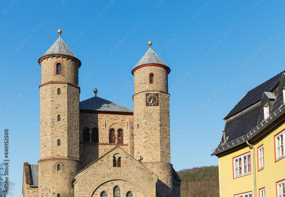 Germany, North Rhine Westphalia, Bad Munstereifel, Facade of basilica under blue sky Germany, North Rhine Westphalia, Bad Munstereifel, Facade of basilica under blue sky