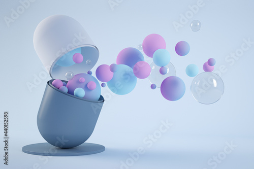 Three dimensional render of various bubbles floating out of opened capsule