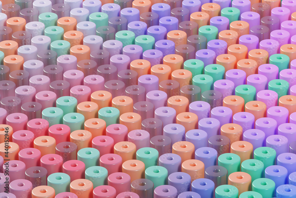 Three dimensional pattern of rows of pastel colored cylinders