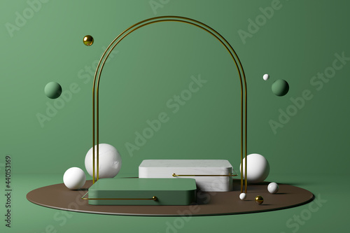 Three dimensional render of arch stretching over two empty pedestals with various spheres floating behind against green background photo