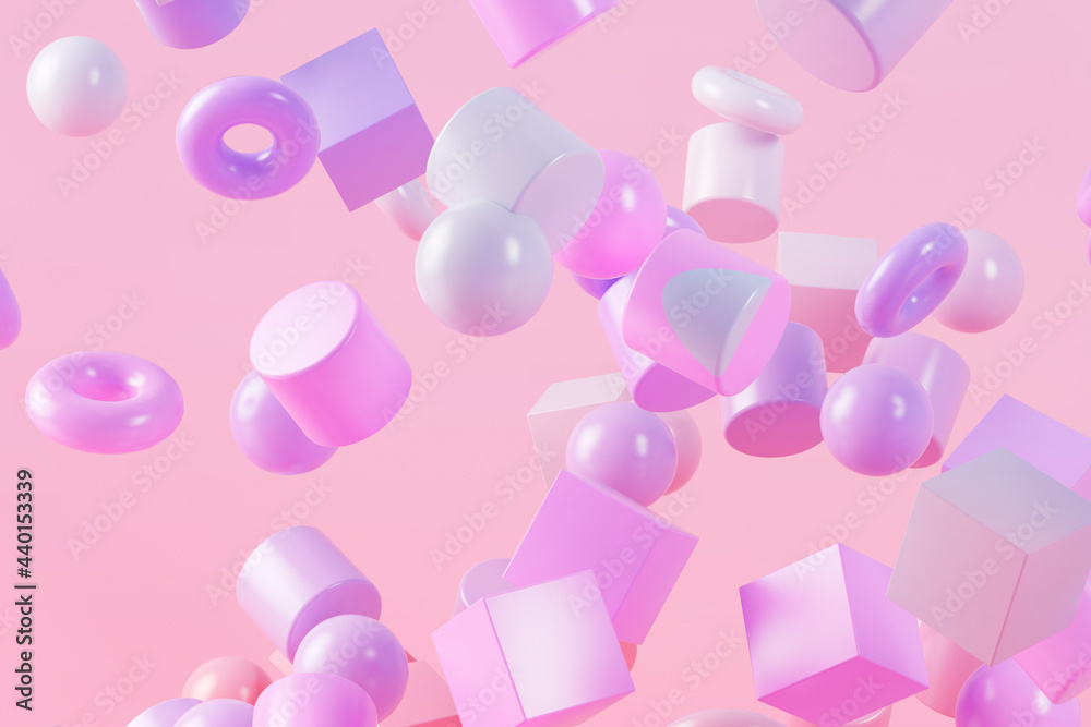3D illustration of purple and pink shapes floating 3D illustration of purple and pink shapes floating