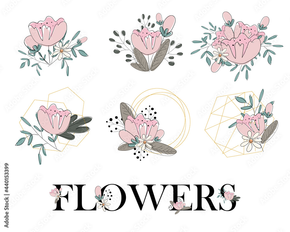 Fototapeta premium set of elements with flowers on a white background. pink peonies for design of invitations, business cards, postcards. prints for clothes