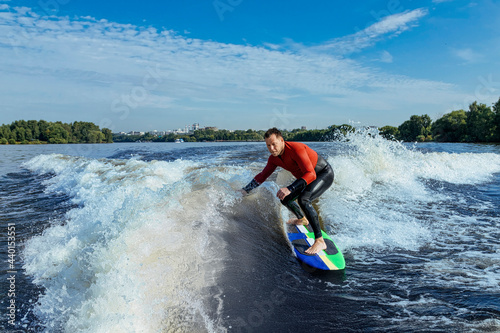Man wakesurfing in Moskva river photo