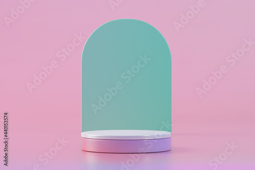 Three dimensional render of empty pedestal with blank green background
