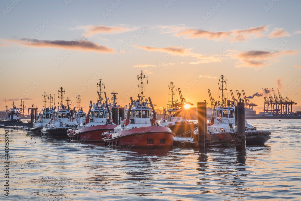 Germany, Hamburg, Boats moored in Neumuhlen at sunset in winter Germany, Hamburg, Boats moored in Neumuhlen at sunset in winter