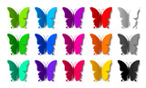 Set of fifteen colored paper butterflies with shadows isolated on white background. Silhouette of a butterfly is perfect for stickers, icons, greeting cards and gift certificates