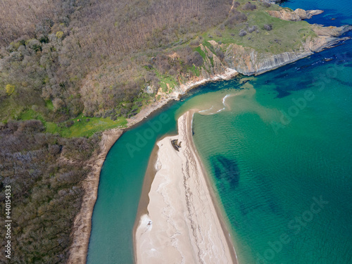 Aerial view of beach at the mouth of the Veleka River  Bulgaria