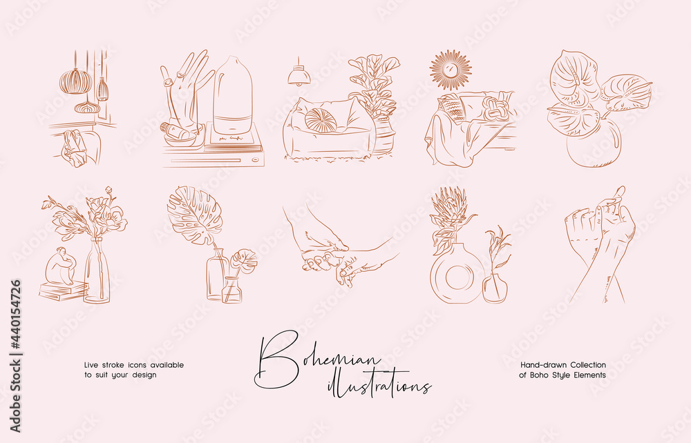 Elegant hand-drawn boho style wall art vector set. Bohemian line art drawing with abstract shape. Abstract line art design for print, cover, wallpaper. Minimal wall art.
