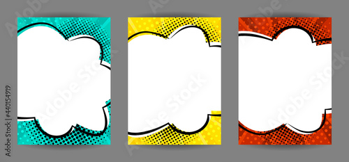 Set of Comic banners. Cartoon text frame on a cloud background. Pop art Template for web design, banners, cards, coupons and posters. Vector illustration for for announcements, parties or sales.