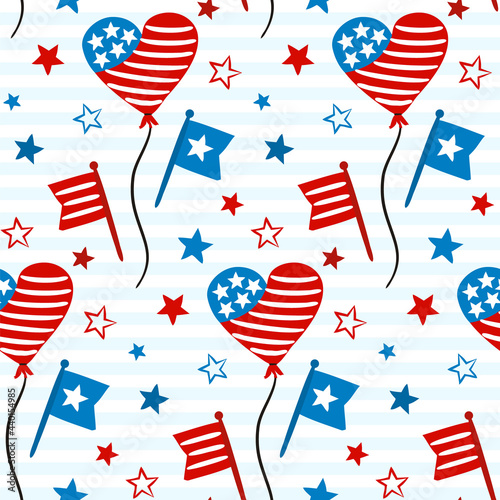 Seamless doodle pattern for Independence Day USA. Background of hand-drawn elements for July 4th in the national colors of the United States of America. Vector illustration for a festive decoration.
