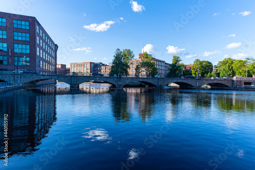 Finland, Pirkanmaa, Tampere, City arch bridge stretching over Tammerkoski river photo