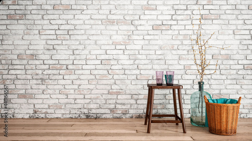 Three dimensional render of stool, basket and bottle with twigs standing in front of brick wall photo