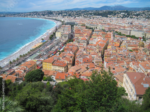 Aerial view of the city. Panoranic landscape of the old town in Nice, France. People enjoy life on vacation on the Cote d'Azur. 