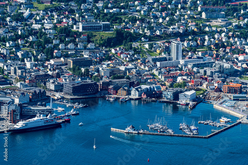 Norway, Troms og Finnmark, Tromso, Harbor of coastal city seen from Fjellstua Viewpoint photo