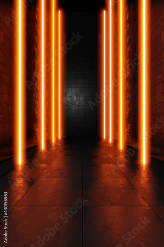 Three dimensional render of dark interior illuminated by orange glowing columns photo
