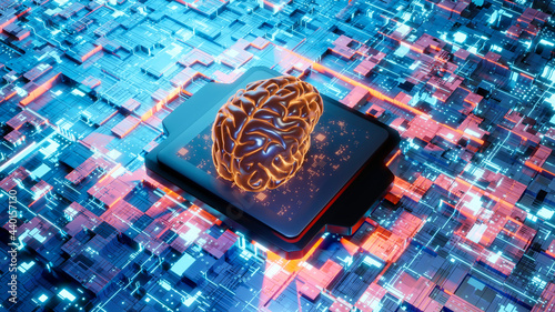 Three dimensional render of human brain on glowing circuit board