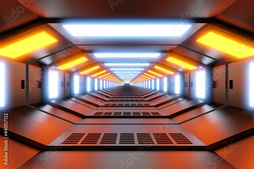 Three dimensional render of futuristic corridor inside spaceship or space station