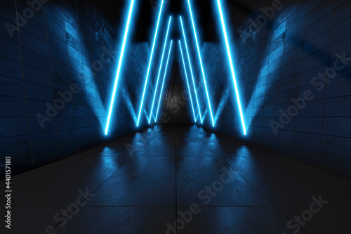 Three dimensional render of dark futuristic corridor illuminated by blue neon lights