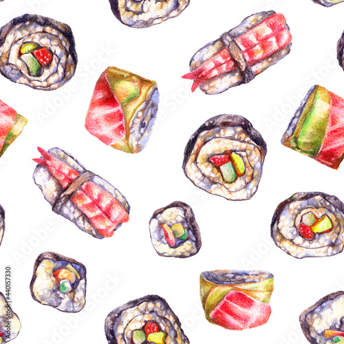 Color pencils illustration of sushi and rolls
