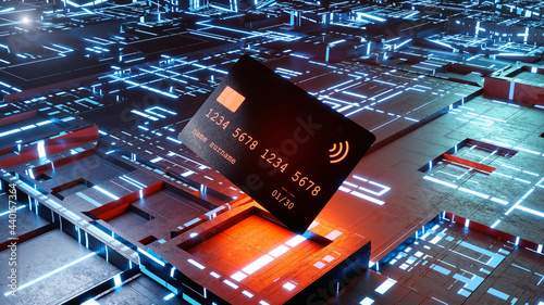 Three dimensional render of credit card against glowing circuit board