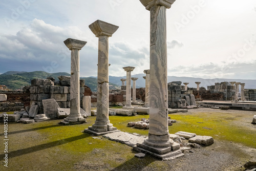 Turkey, Izmir Province, Selcuk, Columns in ancient ruins of Basilica of Saint John