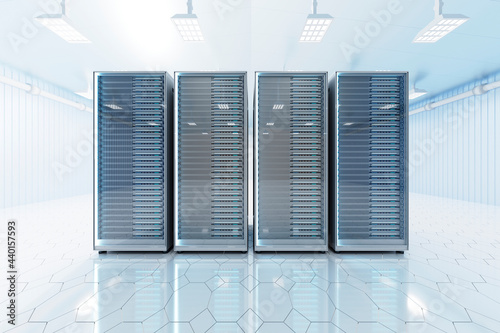 Three dimensional render of server racks standing inside illuminated server room photo
