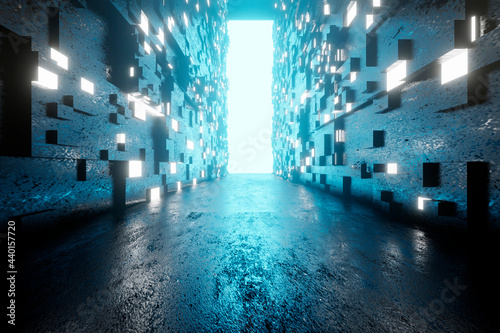3D illustration of architecture visualisation of alien science fiction building interior with open gate