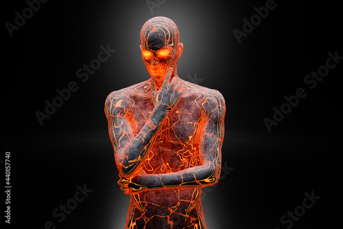 Three dimensional render of glowing concrete man contemplating with hand on chin