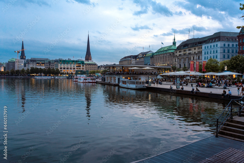 Cityscape with Binnenalster at sunset, Hamburg, Germany