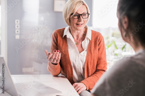 Female entrepreneur discussing business plan with female colleague in home office