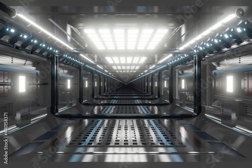 Three dimensional render of futuristic corridor inside spaceship or space station photo