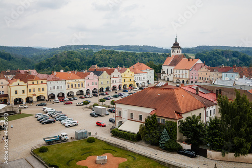Wallpaper Mural Main Husovo Square, colorful houses on sunny day, renaissance and baroque historical buildings, arcade, Church of the Holy Trinity, medieval town Nove mesto nad Metuji, Czech Republic Torontodigital.ca