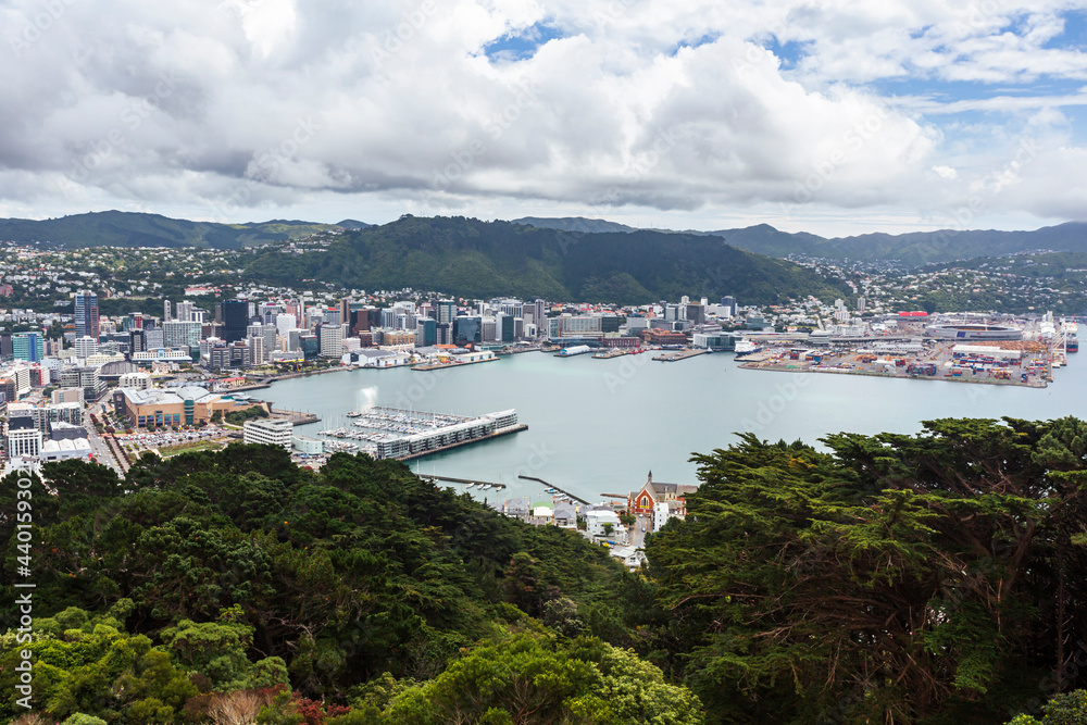 New Zealand, Wellington Region, Wellington, Clouds over bay and harbor of coastal city New Zealand, Wellington Region, Wellington, Clouds over bay and harbor of coastal city